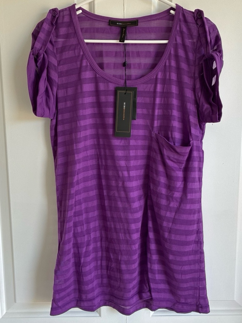 BCBGMaxAzria Purple Scoop Neck Short Sleeve Tee with Front Pocket